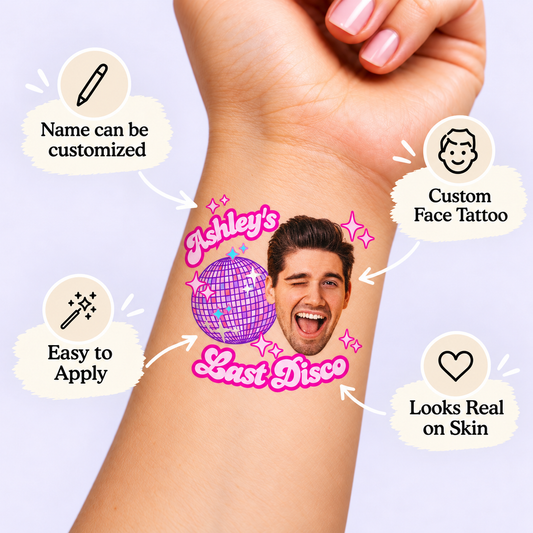 Last Disco temporary tattoo personalization guide: custom face tattoo; name can be customized. Easy to apply.