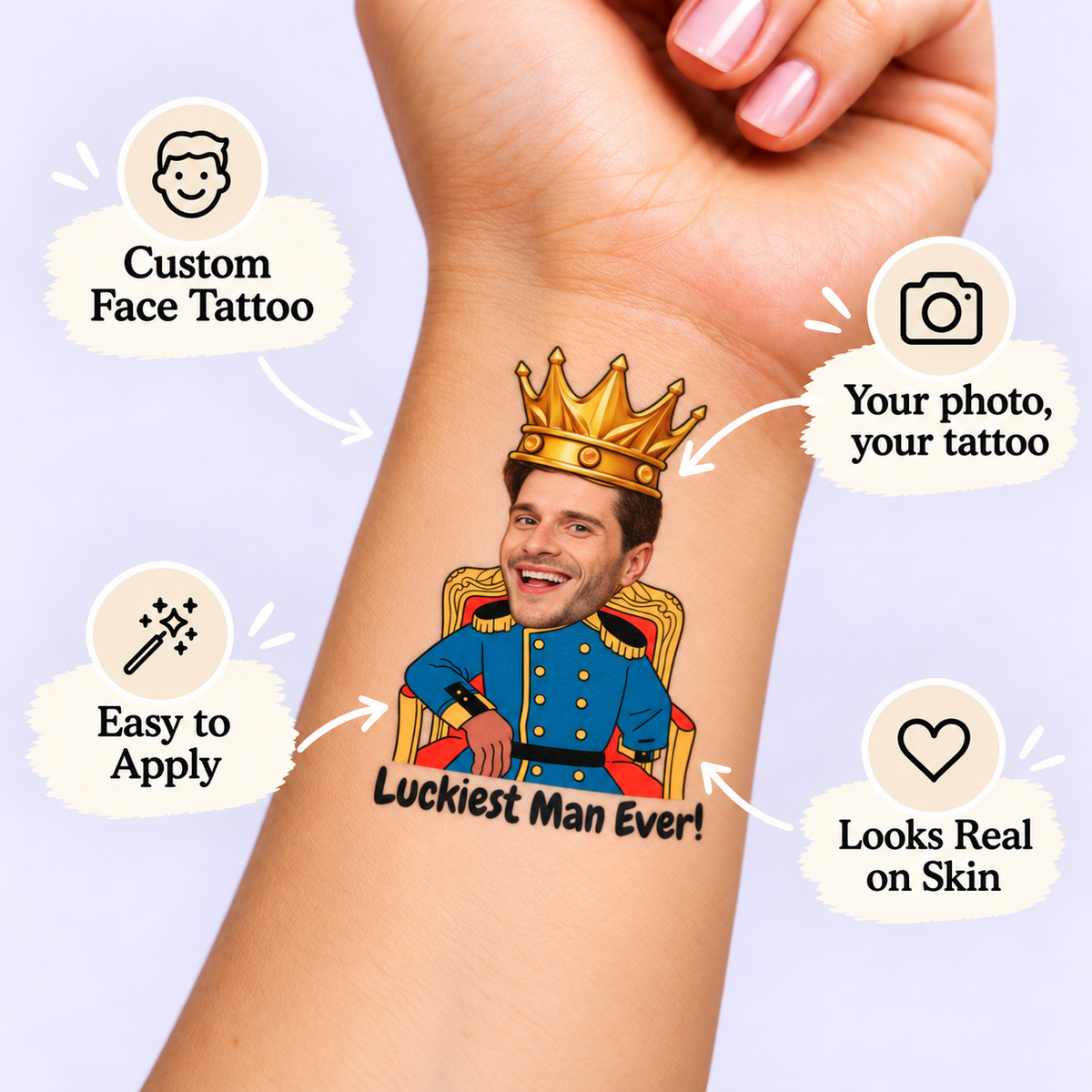 Luckiest Man Ever temporary tattoo personalization guide: custom face tattoo; your photo, your tattoo. Easy to apply.
