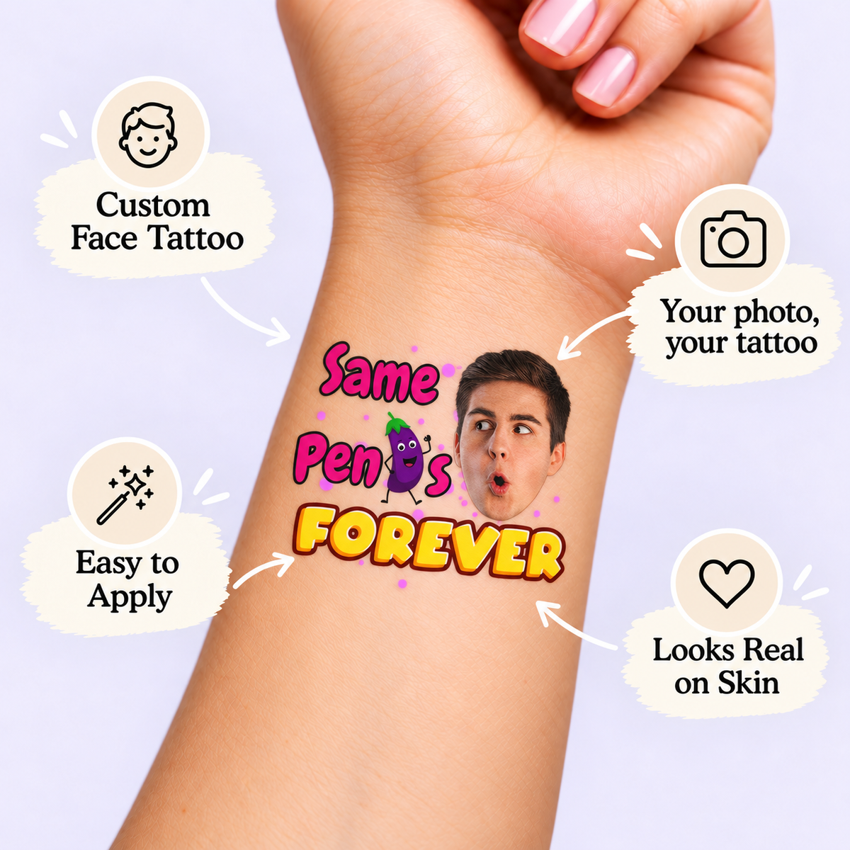 Same Penis Forever temporary tattoo personalization guide: custom face tattoo; your photo, your tattoo. Easy to apply.