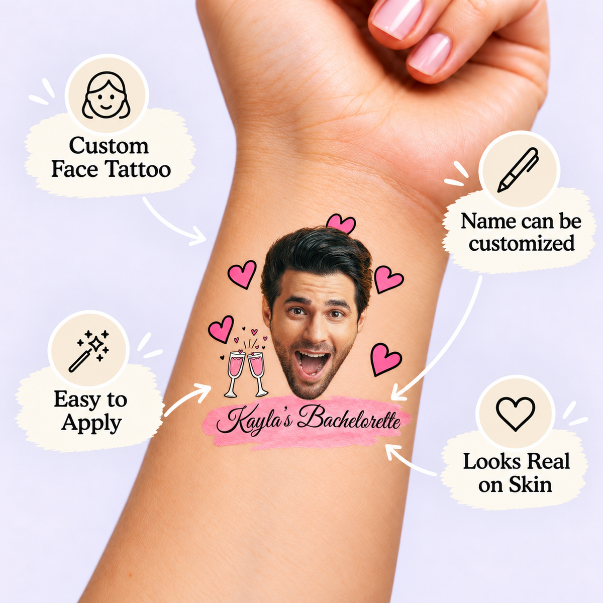 Champagne & Hearts temporary tattoo personalization guide: custom face tattoo; name can be customized. Easy to apply.
