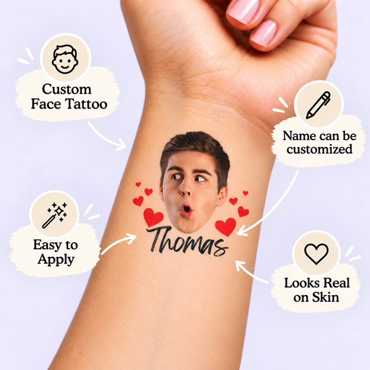 Face with Hearts temporary tattoo personalization guide: custom face tattoo; name can be customized. Easy to apply.
