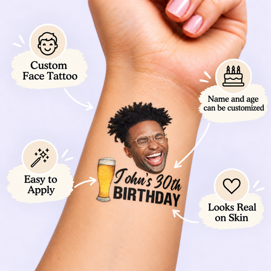 Beer Glass Birthday temporary tattoo personalization guide: custom face tattoo; name and age can be customized. Easy to apply.