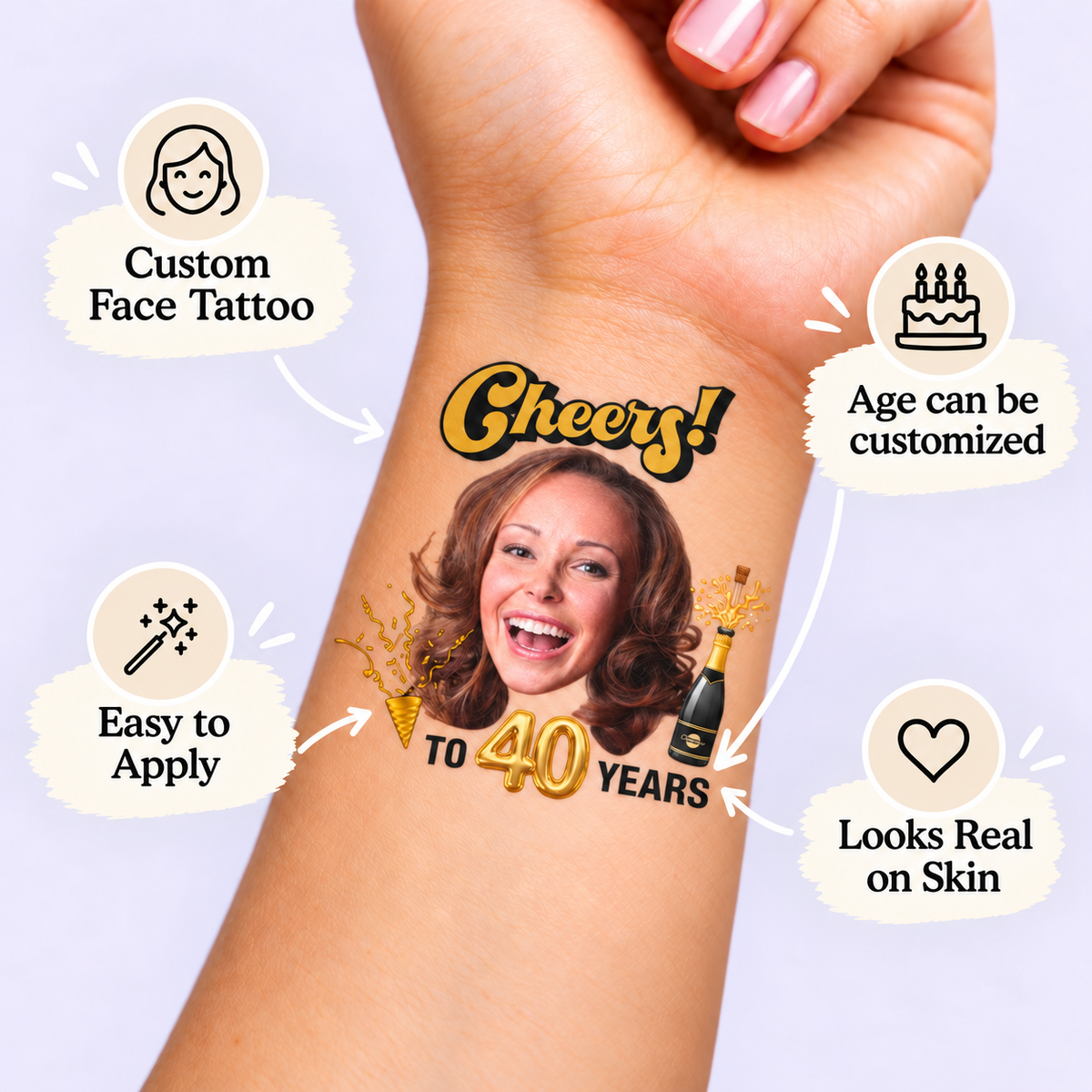 Cheers to Your Years Champagne temporary tattoo personalization guide: custom face tattoo; age can be customized. Easy to apply.