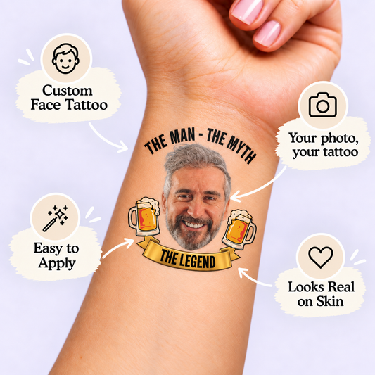 Man, Myth & Legend Beer temporary tattoo personalization guide: custom face tattoo; your photo, your tattoo. Easy to apply.