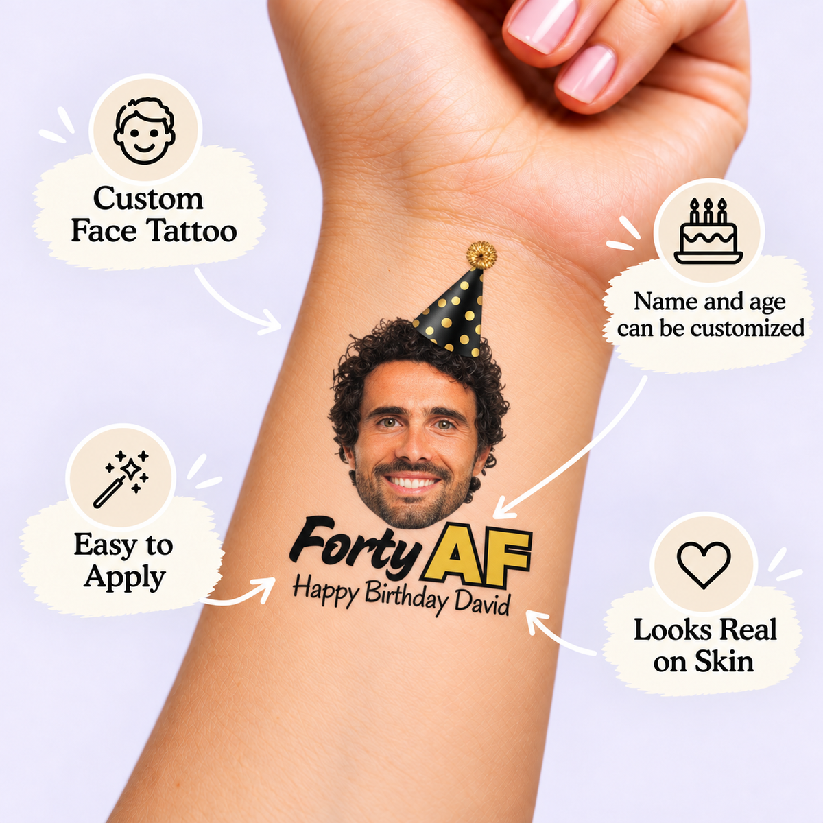 Forty AF Black & Gold temporary tattoo personalization guide: custom face tattoo; name and age can be customized. Easy to apply.