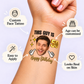 This Guy's Birthday temporary tattoo personalization guide: custom face tattoo; age can be customized. Easy to apply.