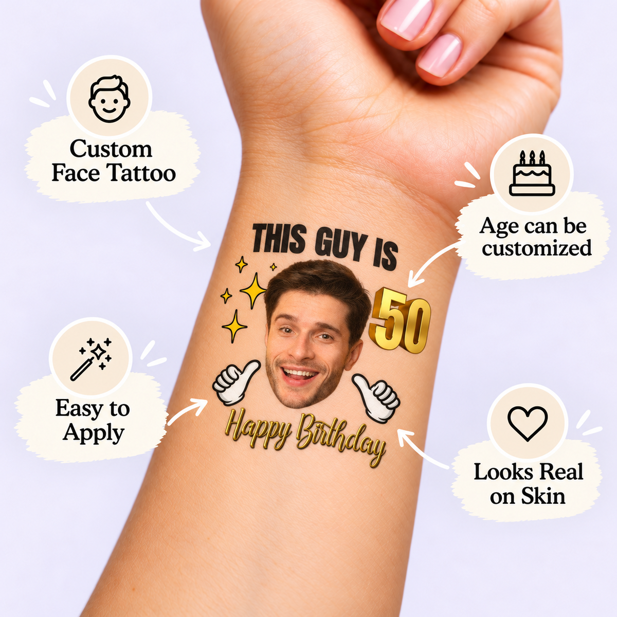 This Guy's Birthday temporary tattoo personalization guide: custom face tattoo; age can be customized. Easy to apply.
