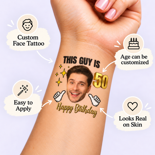 This Guy's Birthday temporary tattoo personalization guide: custom face tattoo; age can be customized. Easy to apply.
