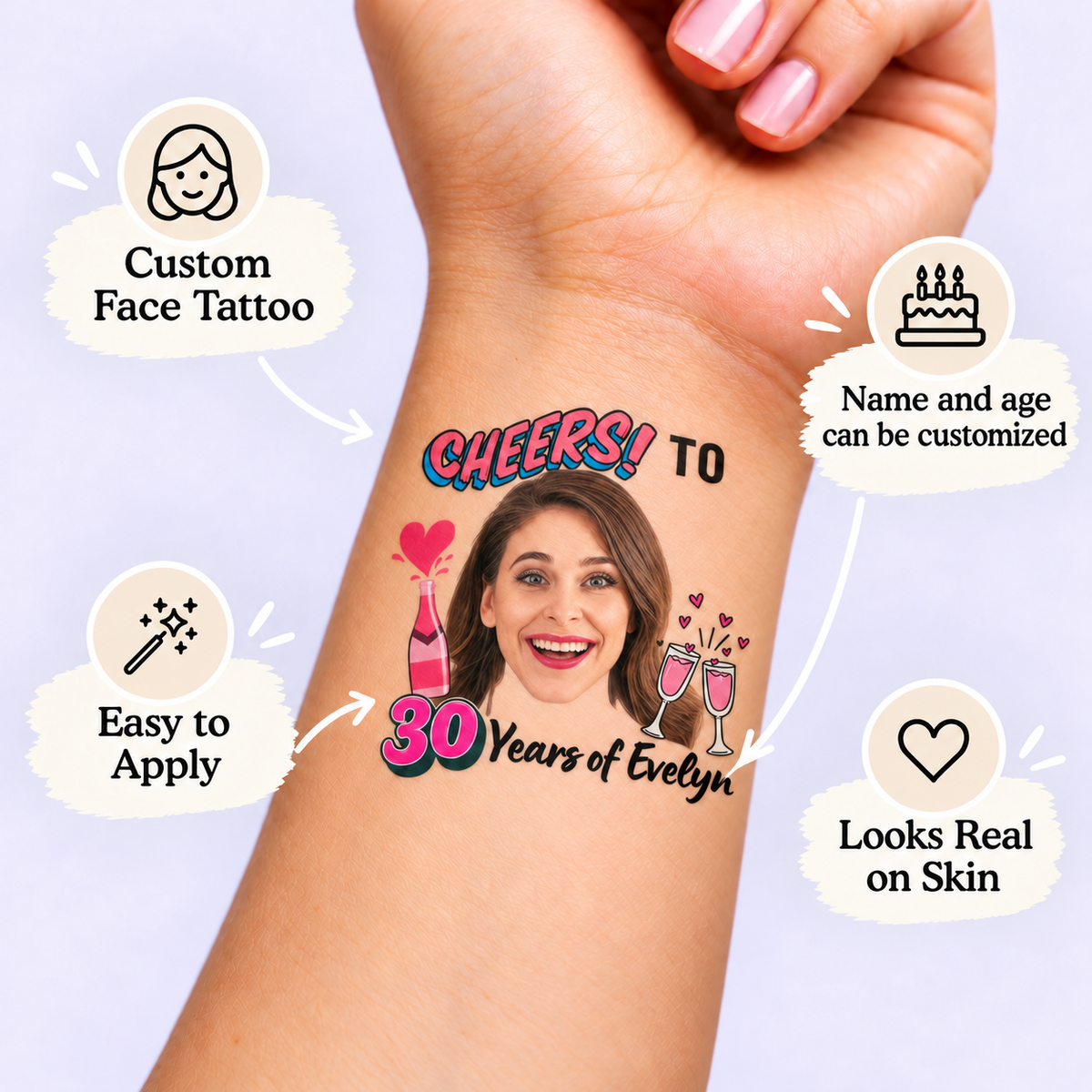 Cheers to Your Years Pink Champagne temporary tattoo personalization guide: custom face tattoo; name and age can be customized. Easy to apply.