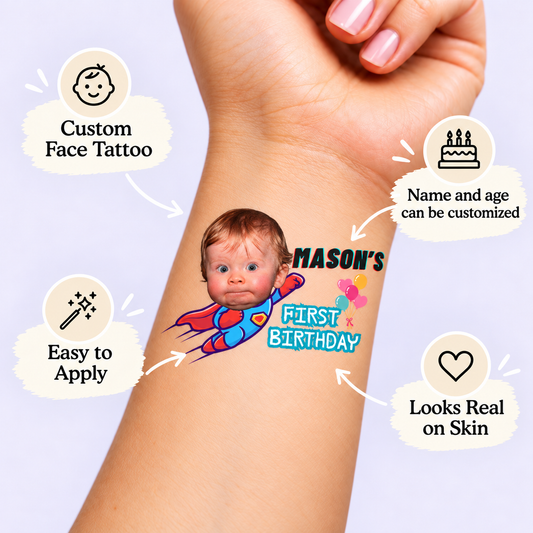 Brave Superhero temporary tattoo personalization guide: custom face tattoo; name and age can be customized. Easy to apply.