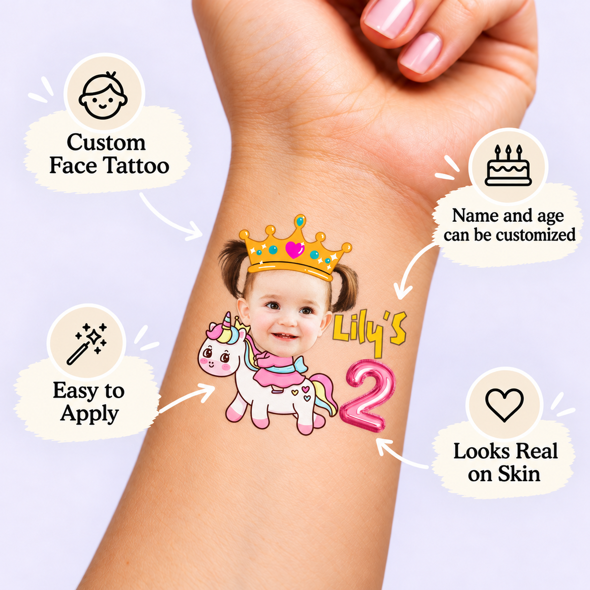 Magical Unicorn Rider temporary tattoo personalization guide: custom face tattoo; name and age can be customized. Easy to apply.