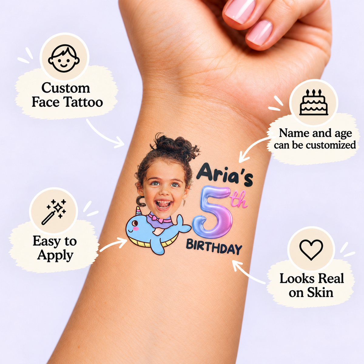 Magical Narwhal Rider temporary tattoo personalization guide: custom face tattoo; name and age can be customized. Easy to apply.