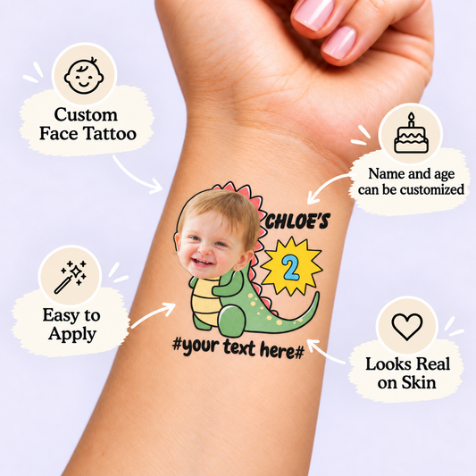 Friendly Green Dinosaur temporary tattoo personalization guide: custom face tattoo; name and age can be customized. Easy to apply.