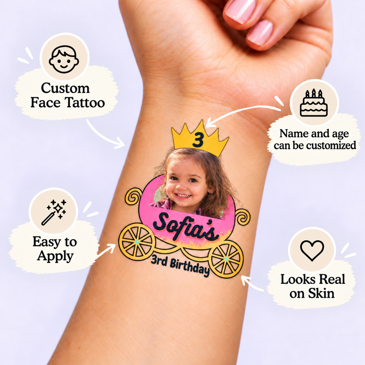 Royal Princess Carriage temporary tattoo personalization guide: custom face tattoo; name and age can be customized. Easy to apply.