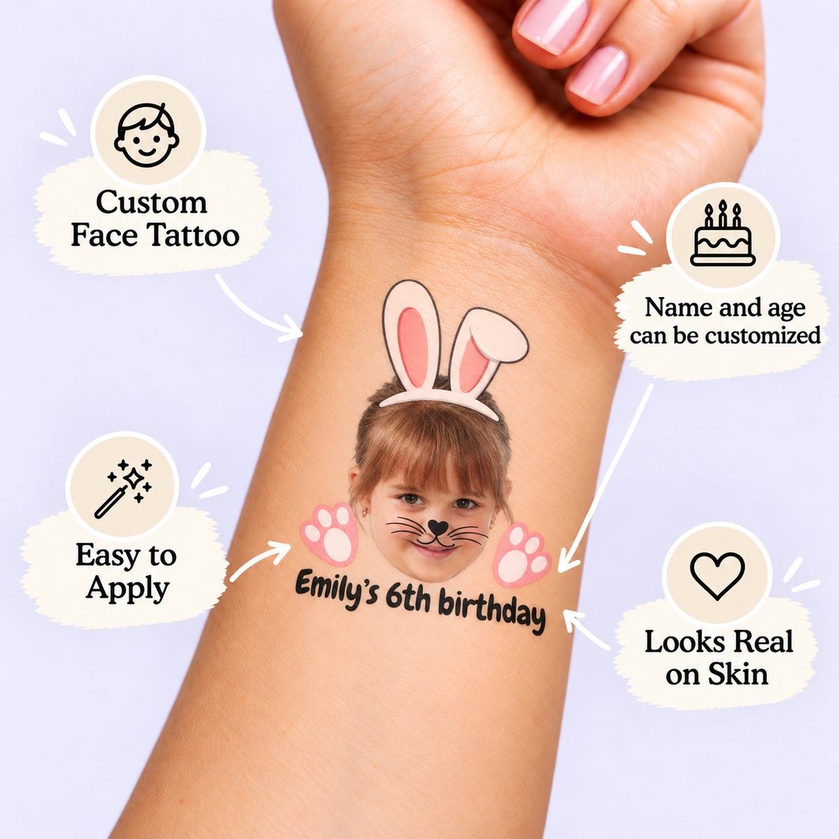 Pink Bunny Ears temporary tattoo personalization guide: custom face tattoo; name and age can be customized. Easy to apply.
