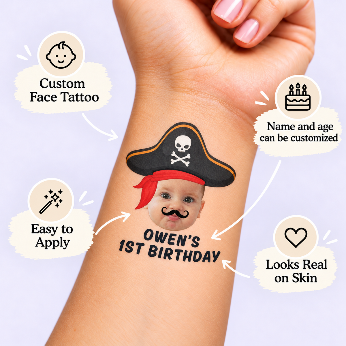Pirate Adventure temporary tattoo personalization guide: custom face tattoo; name and age can be customized. Easy to apply.