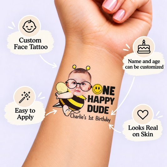 One Happy Dude Bumblebee temporary tattoo personalization guide: custom face tattoo; name and age can be customized. Easy to apply.