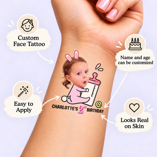 Bunny Bottle temporary tattoo personalization guide: custom face tattoo; name and age can be customized. Easy to apply.