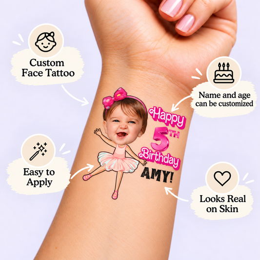 Magical Ballerina Tutu temporary tattoo personalization guide: custom face tattoo; name and age can be customized. Easy to apply.