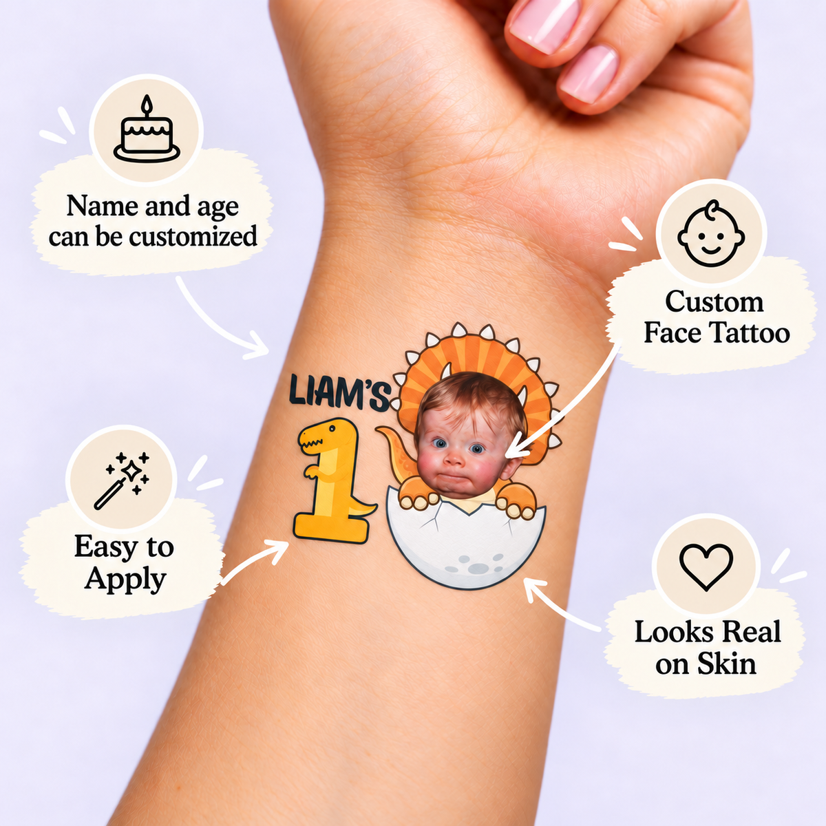 Dinosaur Hatchling Birthday temporary tattoo personalization guide: custom face tattoo; name and age can be customized. Easy to apply.