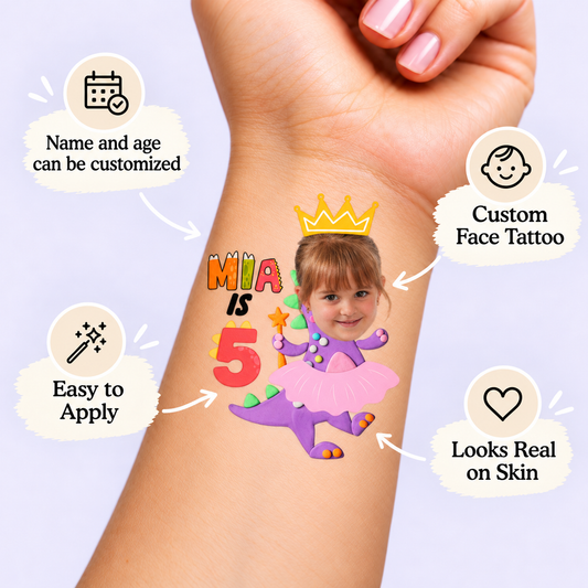 Magical Dinosaur Tutu temporary tattoo personalization guide: custom face tattoo; name and age can be customized. Easy to apply.
