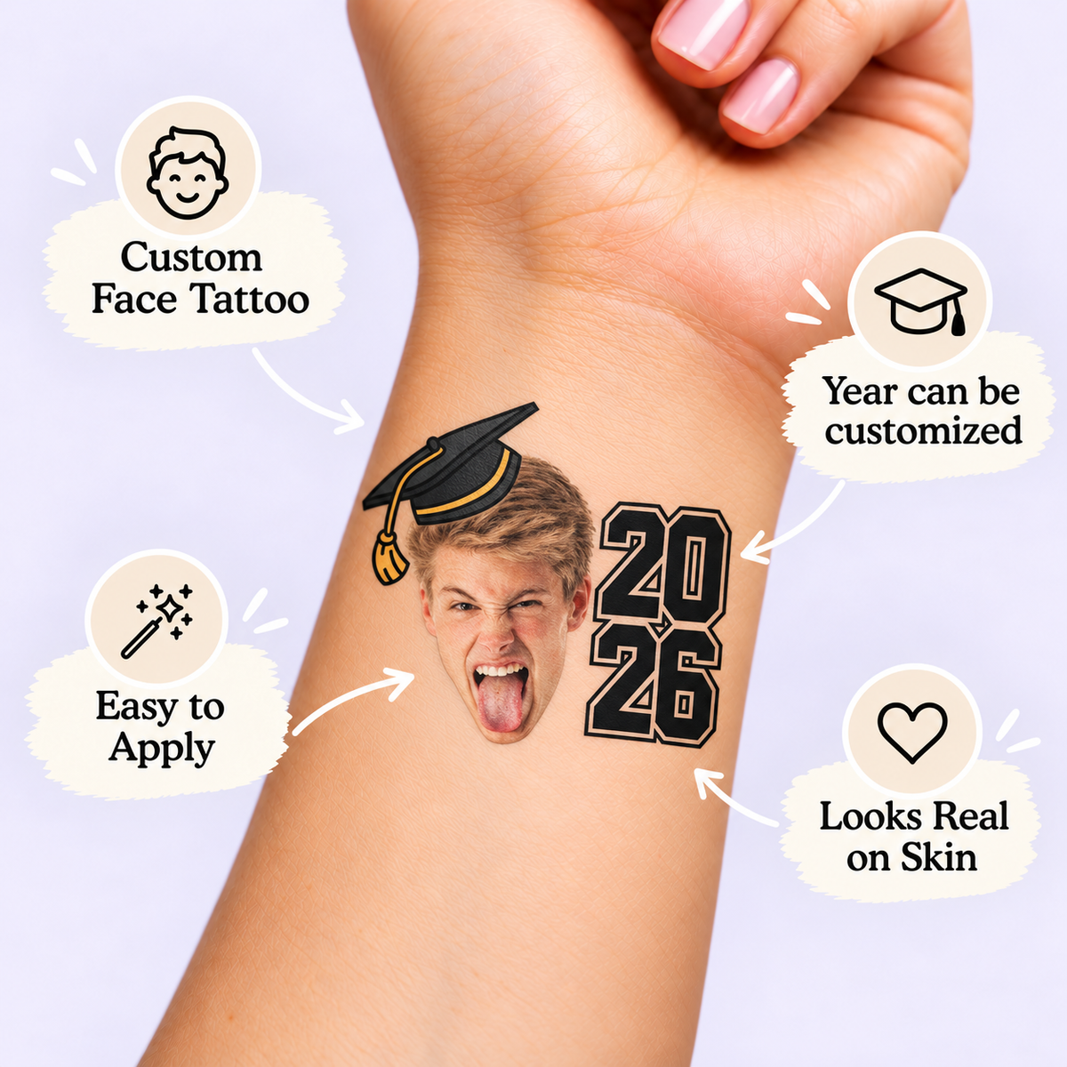 Graduation Year Portrait temporary tattoo personalization guide: custom face tattoo; year can be customized. Easy to apply.