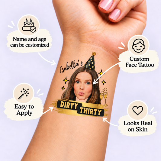 Dirty Thirty Black & Gold temporary tattoo personalization guide: custom face tattoo; name and age can be customized. Easy to apply.