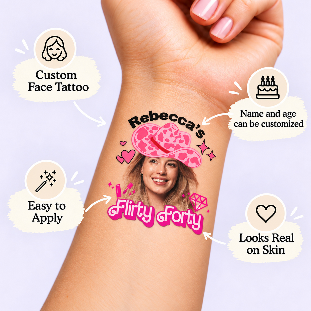 Flirty Forty Cowgirl temporary tattoo personalization guide: custom face tattoo; name and age can be customized. Easy to apply.