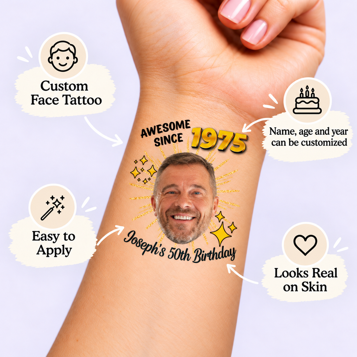 Awesome Since Gold Sparkle temporary tattoo personalization guide: custom face tattoo; name, age and year can be customized. Easy to apply.