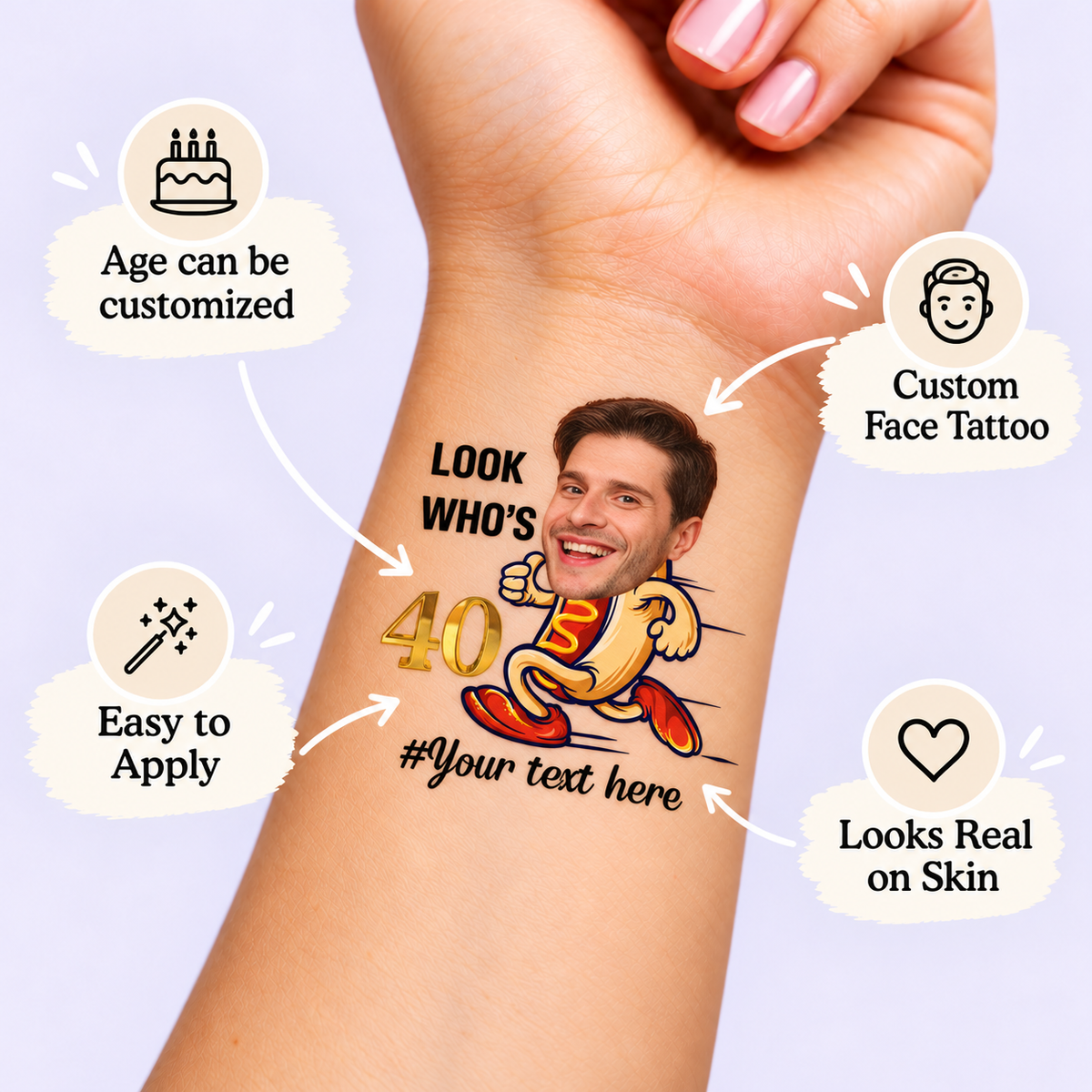 Look Who's Celebrating Hot Dog temporary tattoo personalization guide: custom face tattoo; age can be customized. Easy to apply.