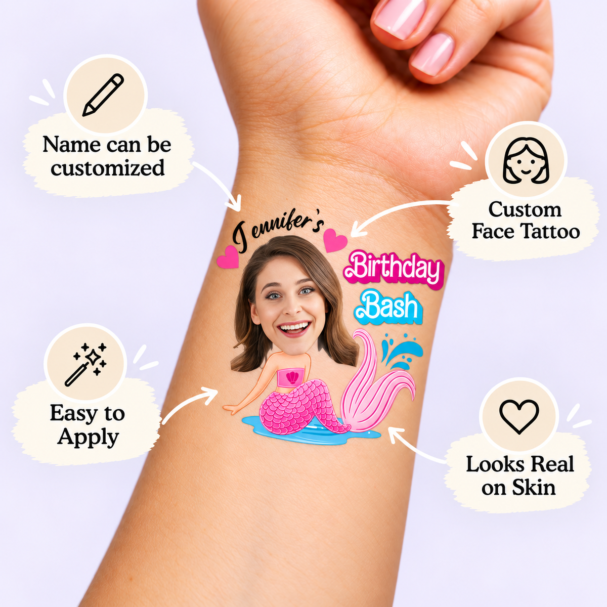 Elegant Mermaid Birthday Bash temporary tattoo personalization guide: custom face tattoo; name can be customized. Easy to apply.