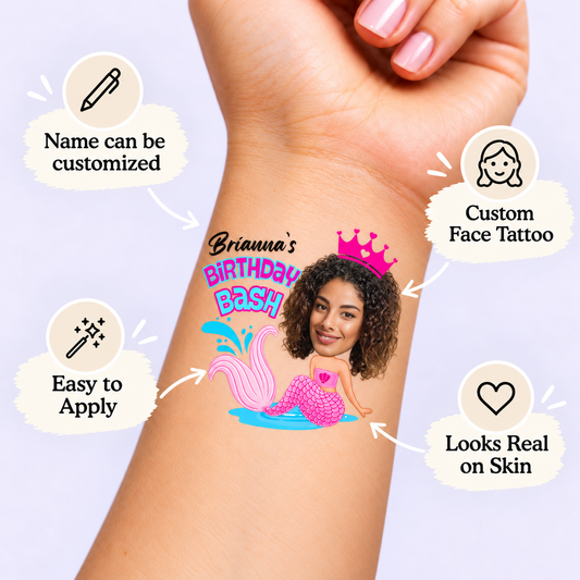 Birthday Bash Mermaid temporary tattoo personalization guide: custom face tattoo; name can be customized. Easy to apply.