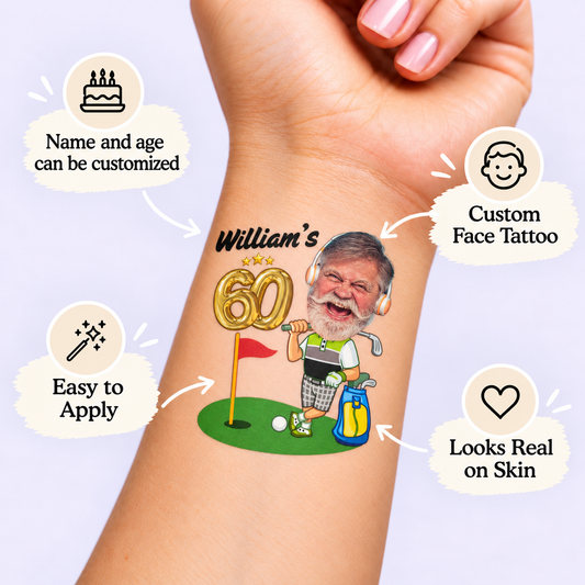 Fore-ever Young Golf temporary tattoo personalization guide: custom face tattoo; name and age can be customized. Easy to apply.