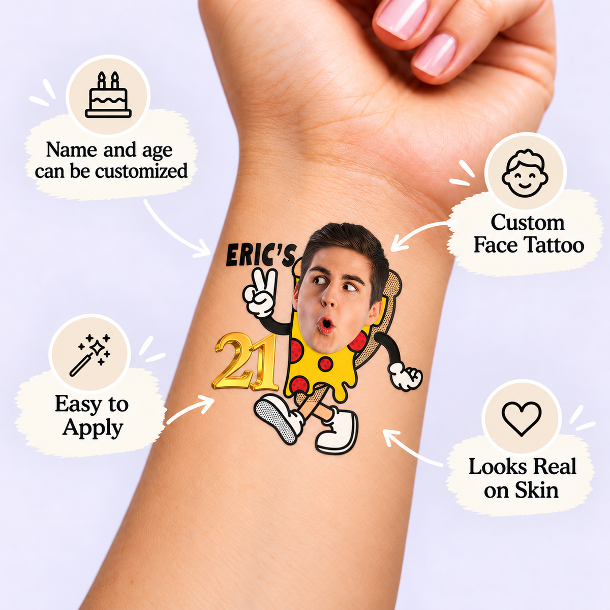 Pizza Party Birthday temporary tattoo personalization guide: custom face tattoo; name and age can be customized. Easy to apply.