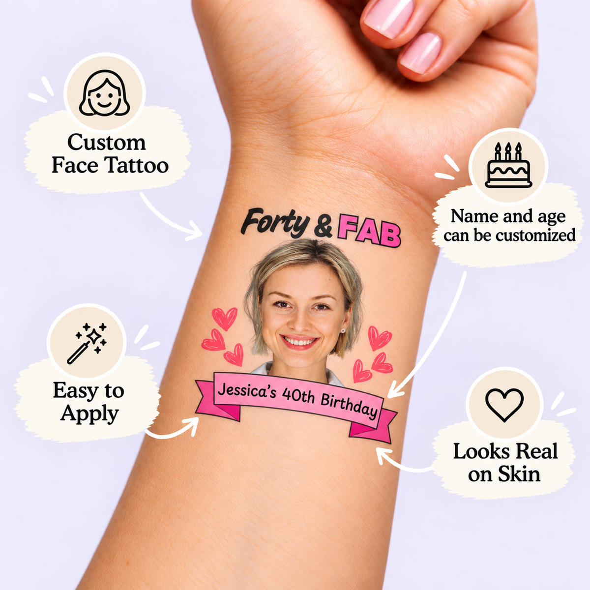 Forty & Fab Heart temporary tattoo personalization guide: custom face tattoo; name and age can be customized. Easy to apply.