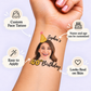 Elegant Gold Glitter Hat temporary tattoo personalization guide: custom face tattoo; name and age can be customized. Easy to apply.