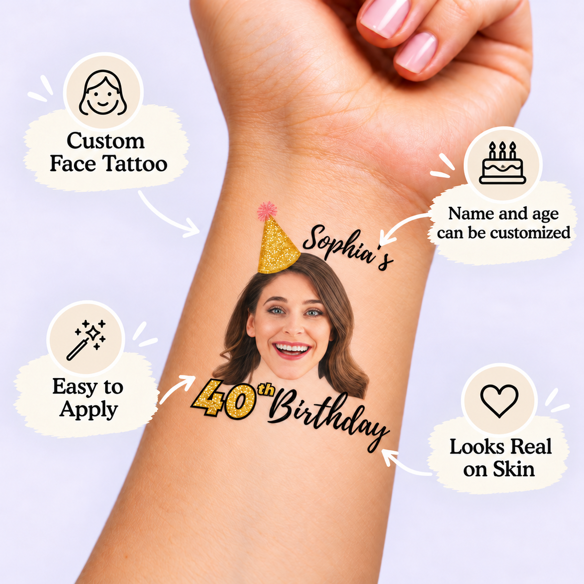 Elegant Gold Glitter Hat temporary tattoo personalization guide: custom face tattoo; name and age can be customized. Easy to apply.