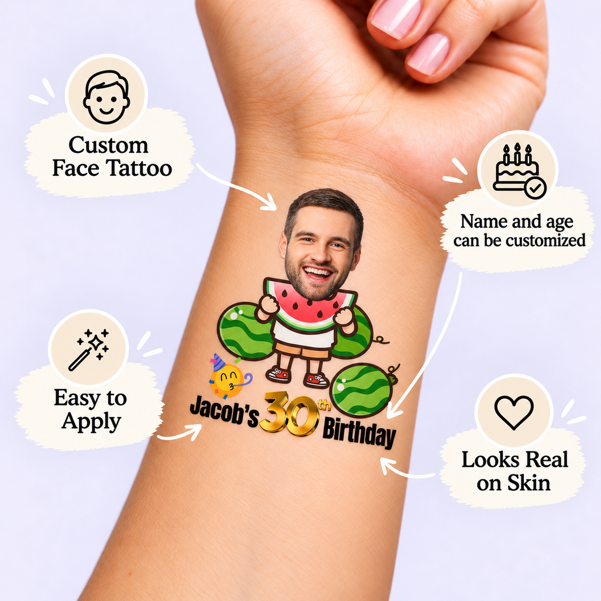 Watermelon Birthday Party temporary tattoo personalization guide: custom face tattoo; name and age can be customized. Easy to apply.