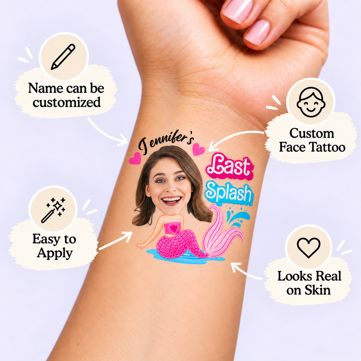 Last Splash temporary tattoo personalization guide: custom face tattoo; name can be customized. Easy to apply.