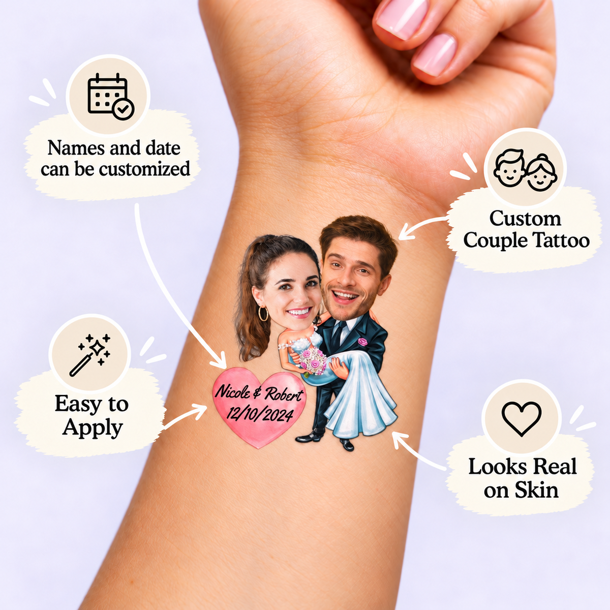 Classic Groom Carry temporary tattoo personalization guide: custom couple tattoo; names and date can be customized. Easy to apply.