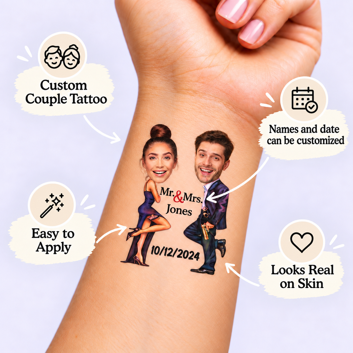 Mr. & Mrs. Secret Agent temporary tattoo personalization guide: custom couple tattoo; names and date can be customized. Easy to apply.