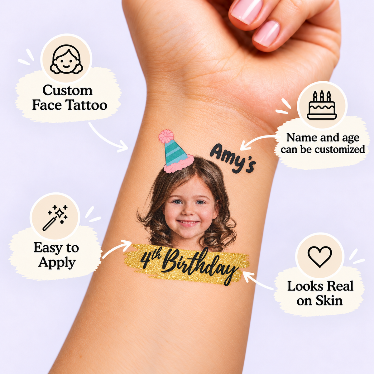 Gold Glitter Banner temporary tattoo personalization guide: custom face tattoo; name and age can be customized. Easy to apply.