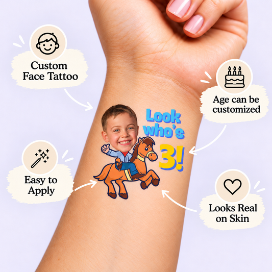 Horse Rider temporary tattoo personalization guide: custom face tattoo; age can be customized. Easy to apply.