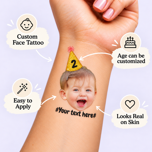 Golden Glitter Hat temporary tattoo personalization guide: custom face tattoo; age can be customized. Easy to apply.