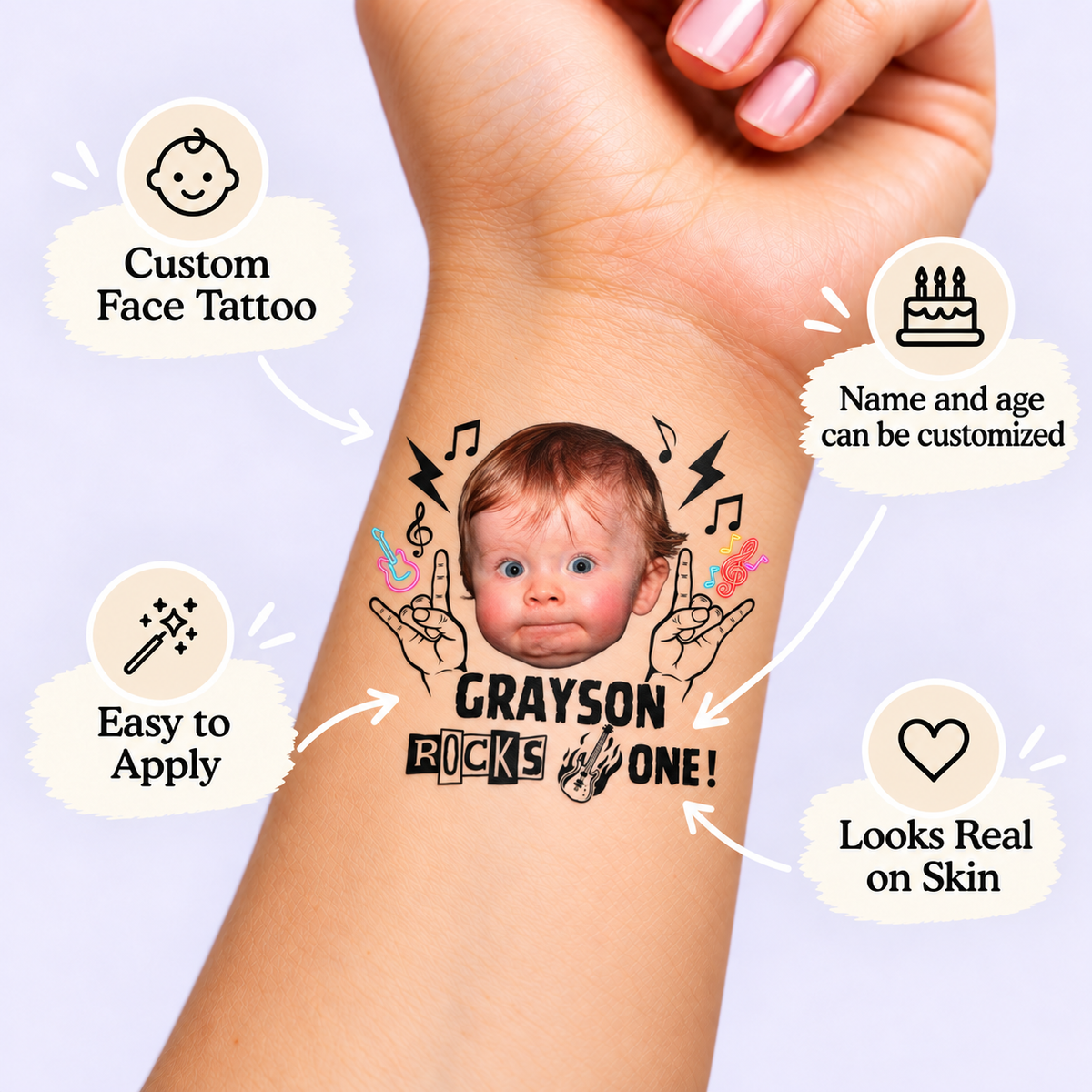 Rockstar Birthday temporary tattoo personalization guide: custom face tattoo; name and age can be customized. Easy to apply.