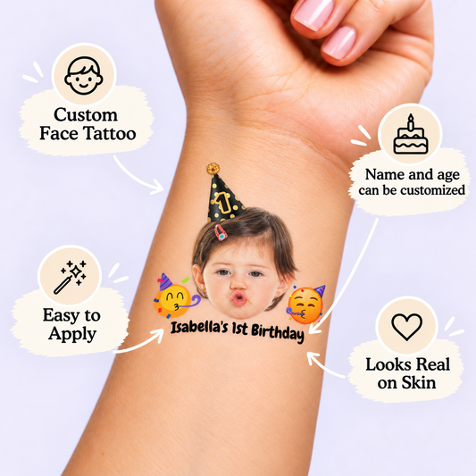Classic Celebration Emoji temporary tattoo personalization guide: custom face tattoo; name and age can be customized. Easy to apply.