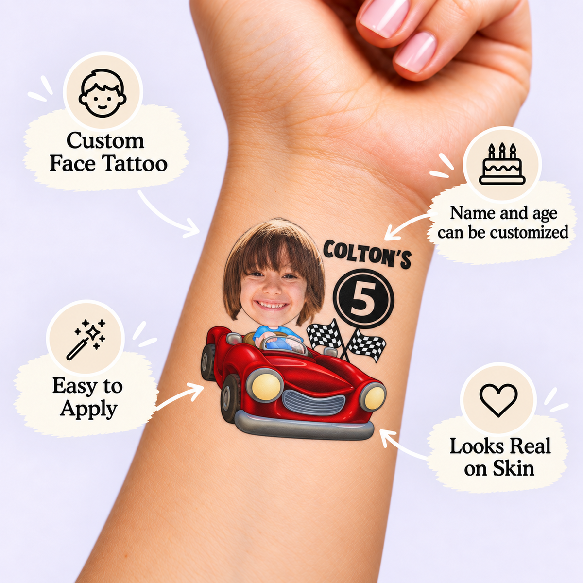 Red Racer temporary tattoo personalization guide: custom face tattoo; name and age can be customized. Easy to apply.