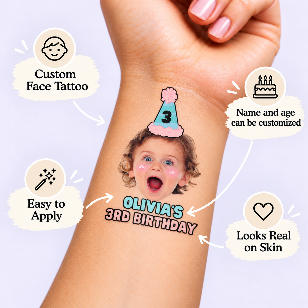 Classic Birthday Hat temporary tattoo personalization guide: custom face tattoo; name and age can be customized. Easy to apply.