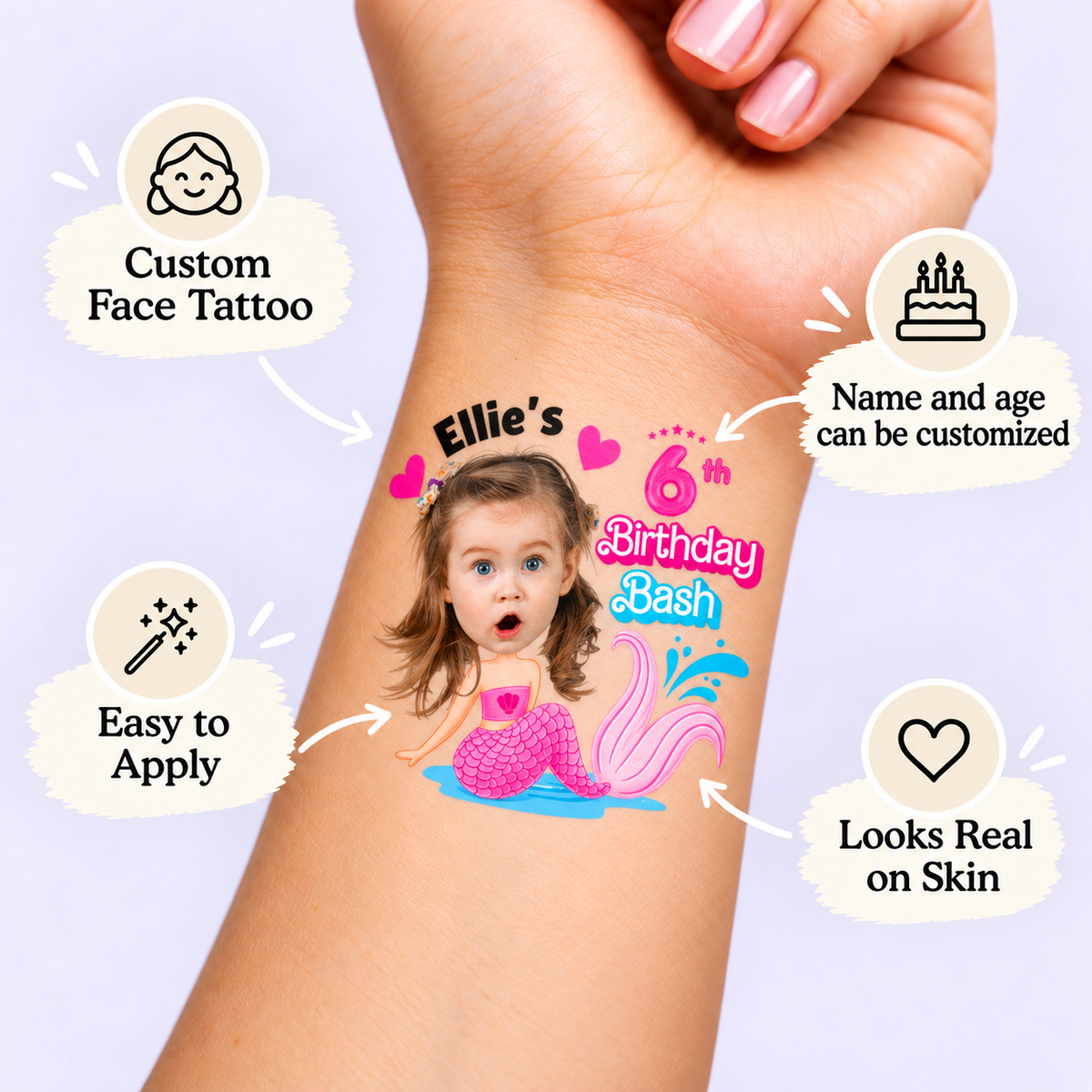 Pink Mermaid Splash temporary tattoo personalization guide: custom face tattoo; name and age can be customized. Easy to apply.