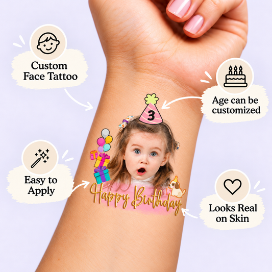 Puppy & Presents temporary tattoo personalization guide: custom face tattoo; age can be customized. Easy to apply.